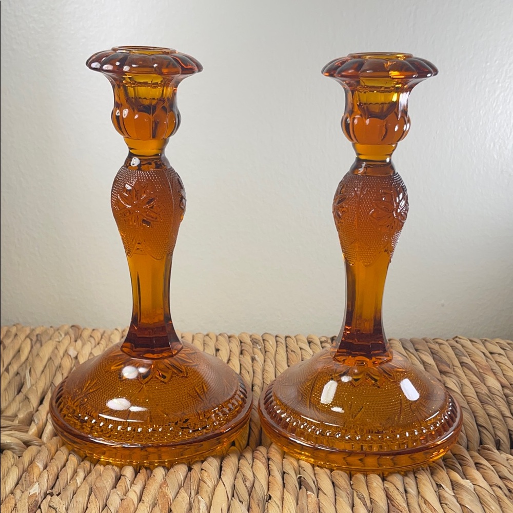 Indiana Glass Amber Sandwich Pattern Candlestick Pair – Vintage #170